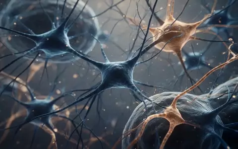 Mikroskopische Aufnahme von neuronalem Gewebe mit komplexen zellulären Strukturen in Blau- und Bernsteintönen. - Foto: über boerse-global.de