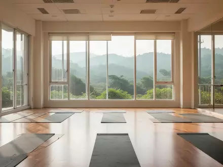 Ein heller, minimalistischer Gemeinschaftsraum in Taiwan mit Blick auf eine grüne Hügellandschaft und ausgelegten Sportmatten. - Foto: über boerse-global.de