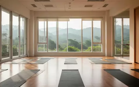 Ein heller, minimalistischer Gemeinschaftsraum in Taiwan mit Blick auf eine grüne Hügellandschaft und ausgelegten Sportmatten. - Foto: über boerse-global.de