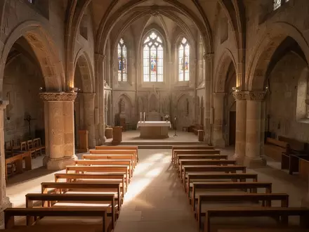 Ein lichtdurchfluteter Innenraum einer historischen Kirche mit schlichten Holzbänken und warmem Lichteinfall. - Foto: über boerse-global.de