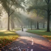 Ein geschwungener Fahrradweg durch einen herbstlichen Park im sanften Morgenlicht. - Foto: über boerse-global.de