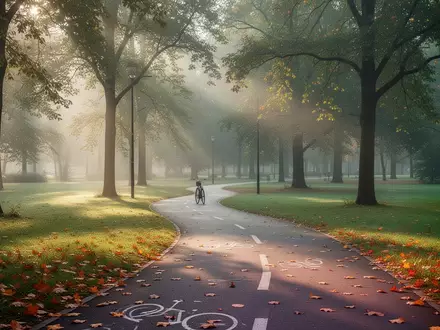 Ein geschwungener Fahrradweg durch einen herbstlichen Park im sanften Morgenlicht. - Foto: über boerse-global.de