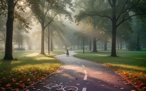 Ein geschwungener Fahrradweg durch einen herbstlichen Park im sanften Morgenlicht. - Foto: über boerse-global.de