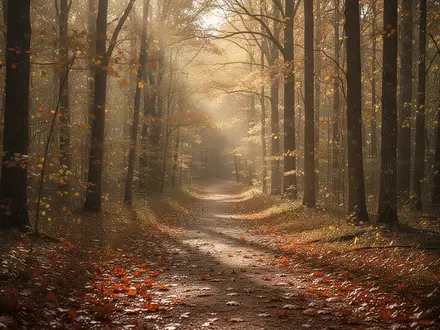 Ein von goldenen Blättern bedeckter Waldweg im herbstlichen Sonnenlicht. - Foto: über boerse-global.de