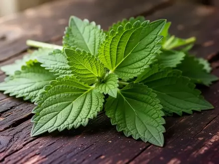Frische grüne Perillablätter auf einer dunklen Holzoberfläche in natürlichem Licht. - Foto: über boerse-global.de