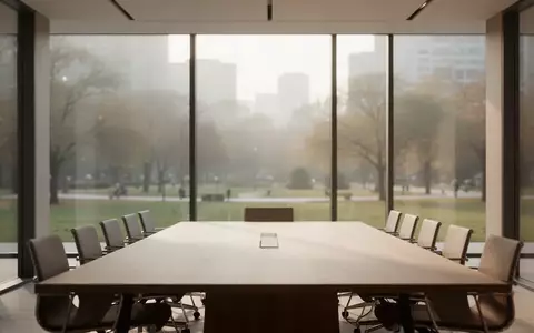 Ein minimalistischer, leerer Konferenzraum mit natürlichem Licht, der auf einen verschwommenen Stadtpark blickt. - Foto: über boerse-global.de