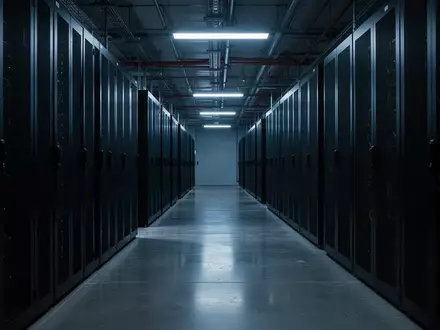 Dunkler, moderner Serverraum mit langen Reihen von Server-Racks in blauem Umgebungslicht. - Foto: über boerse-global.de