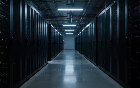 Dunkler, moderner Serverraum mit langen Reihen von Server-Racks in blauem Umgebungslicht. - Foto: über boerse-global.de