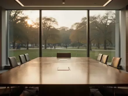 Ein leerer, sonnendurchfluteter Konferenzraum mit minimalistischer Einrichtung und Blick ins Grüne. - Foto: über boerse-global.de