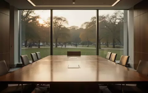 Ein leerer, sonnendurchfluteter Konferenzraum mit minimalistischer Einrichtung und Blick ins Grüne. - Foto: über boerse-global.de