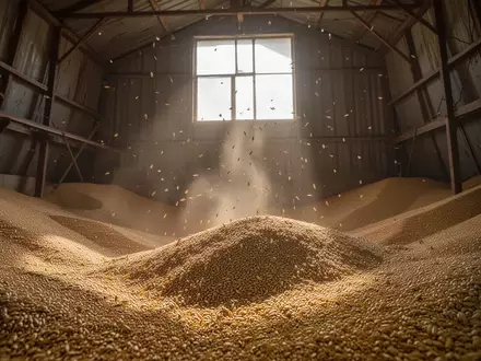 Nahaufnahme von Roggenkörnern in einem Getreidesilo, die das landwirtschaftliche Umfeld der Rohstoffgewinnung symbolisieren. - Foto: über boerse-global.de