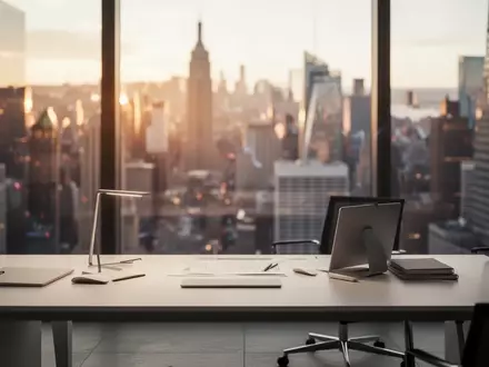 Ein modernes, minimalistisches Büro mit verschwommenem Hintergrund eines Finanzviertels bei Sonnenuntergang. - Foto: über boerse-global.de