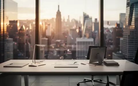 Ein modernes, minimalistisches Büro mit verschwommenem Hintergrund eines Finanzviertels bei Sonnenuntergang. - Foto: über boerse-global.de