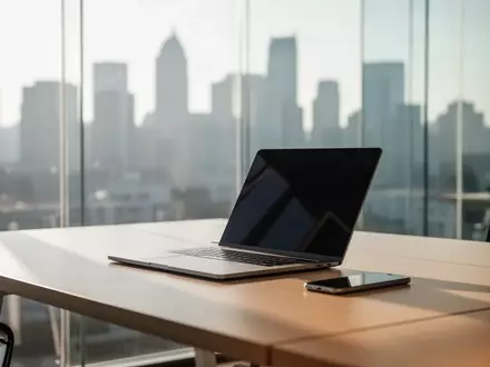 Moderner, heller Büroarbeitsplatz mit Laptop und Smartphone vor einer verschwommenen Skyline. - Foto: über boerse-global.de