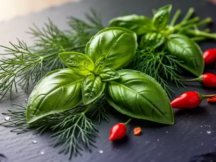 Nahaufnahme von frischen Kräutern wie Basilikum und Dill sowie kleinen roten Chilischoten auf einer dunklen Steinoberfläche. - Foto: über boerse-global.de