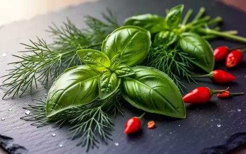 Nahaufnahme von frischen Kräutern wie Basilikum und Dill sowie kleinen roten Chilischoten auf einer dunklen Steinoberfläche. - Foto: über boerse-global.de