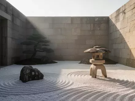 Ein minimalistischer Zen-Garten in einem Innenhof mit geharktem Kies und einer schlichten Steinlaterne bei natürlichem Licht. - Foto: über boerse-global.de