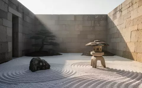 Ein minimalistischer Zen-Garten in einem Innenhof mit geharktem Kies und einer schlichten Steinlaterne bei natürlichem Licht. - Foto: über boerse-global.de