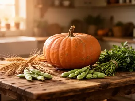 Natürliche Herbstzutaten wie Kürbis, Getreide und Favabohnen auf einem rustikalen Holztisch in einer hellen Küche. - Foto: über boerse-global.de