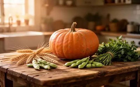 Natürliche Herbstzutaten wie Kürbis, Getreide und Favabohnen auf einem rustikalen Holztisch in einer hellen Küche. - Foto: über boerse-global.de