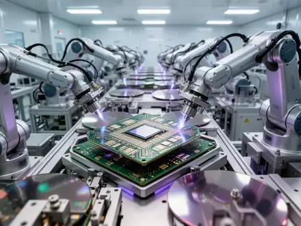 Moderne Produktionshalle für Halbleiter mit automatisierten Maschinen zur Fertigung von Mikrochips. - Foto: über boerse-global.de