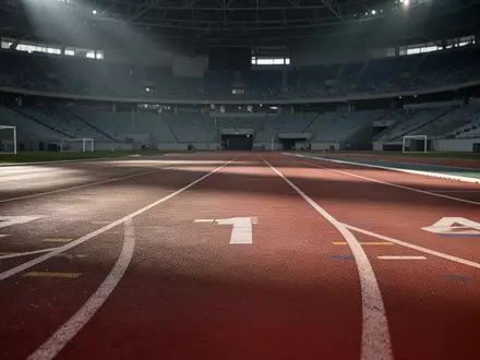 Leere, professionelle Leichtathletikbahn in einer großen Halle mit Kunststoffboden bei atmosphärischer Beleuchtung. - Foto: über boerse-global.de
