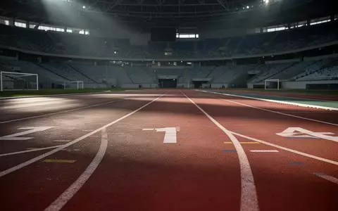 Leere, professionelle Leichtathletikbahn in einer großen Halle mit Kunststoffboden bei atmosphärischer Beleuchtung. - Foto: über boerse-global.de