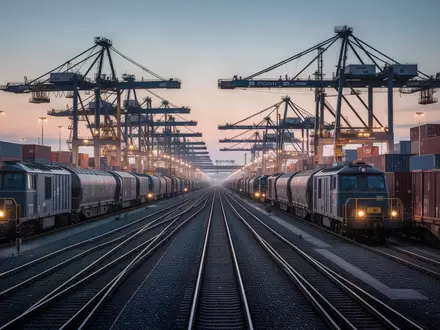 Moderne Güterzug-Terminals und Verladekräne bei Dämmerung in einem Industriehafen. - Foto: über boerse-global.de