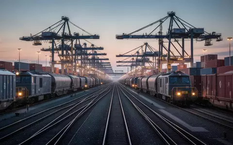 Moderne Güterzug-Terminals und Verladekräne bei Dämmerung in einem Industriehafen. - Foto: über boerse-global.de