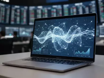 Ein Laptop-Bildschirm zeigt abstrakte neuronale Netzwerk-Datenvisualisierungen vor einem unscharfen Börsenhintergrund. - Foto: über boerse-global.de