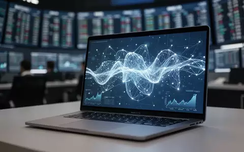 Ein Laptop-Bildschirm zeigt abstrakte neuronale Netzwerk-Datenvisualisierungen vor einem unscharfen Börsenhintergrund. - Foto: über boerse-global.de