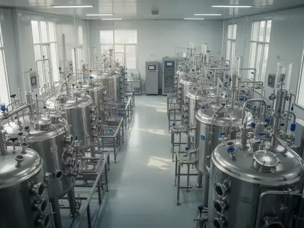 Moderne, sterile pharmazeutische Produktionsanlage mit Edelstahltanks in einer Industriehalle. - Foto: über boerse-global.de