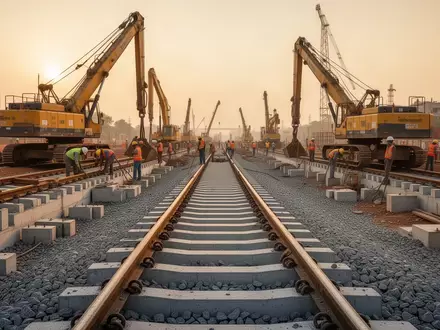 Arbeiter auf einer großen Eisenbahnbaustelle bei Sonnenuntergang - Foto: über boerse-global.de
