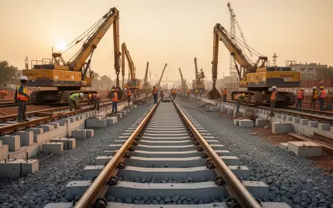 Arbeiter auf einer großen Eisenbahnbaustelle bei Sonnenuntergang - Foto: über boerse-global.de