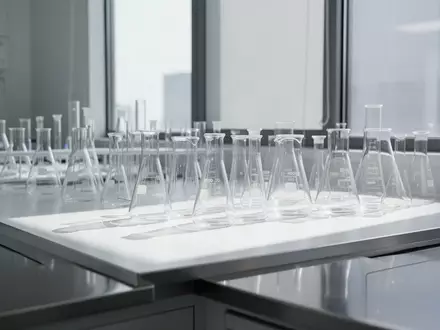 Ein minimalistisches, helles Forschungslabor mit leeren Glasbechern auf einer Edelstahlarbeitsfläche. - Foto: über boerse-global.de
