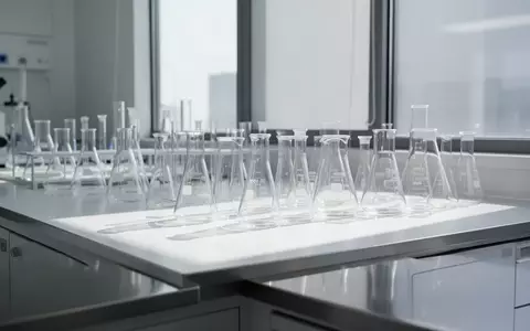 Ein minimalistisches, helles Forschungslabor mit leeren Glasbechern auf einer Edelstahlarbeitsfläche. - Foto: über boerse-global.de