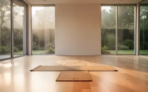 Ein minimalistischer Übungsraum mit Holzboden und einer einzelnen Yogamatte vor einem Fenster mit Blick ins Grüne. - Foto: über boerse-global.de