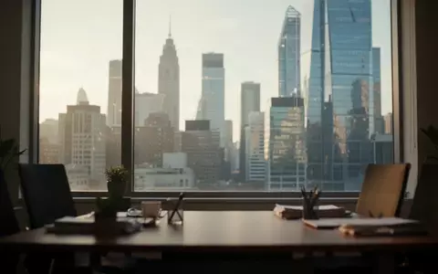 Ein modernes Büro mit Blick auf die Skyline eines Finanzdistrikts bei natürlichem Morgenlicht. - Foto: über boerse-global.de