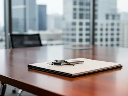 Ein minimalistischer Konferenztisch mit einem Notizbuch und einem Füllfederhalter vor einem modernen Bürofenster. - Foto: über boerse-global.de