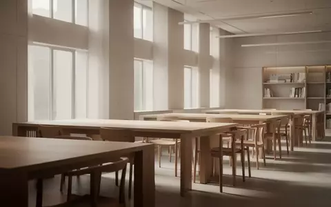 Ein minimalistisch gestalteter, ruhiger Lernraum mit leeren Holztischen in einer Bibliothek bei natürlichem Tageslicht. - Foto: über boerse-global.de