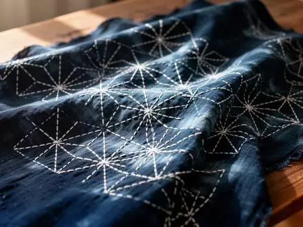 Nahaufnahme von indigoblauem Stoff mit präzisen, weißen geometrischen Sashiko-Stickereien in einem hellen, natürlichen Licht. - Foto: über boerse-global.de