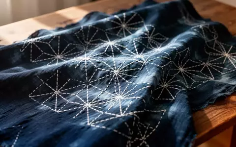 Nahaufnahme von indigoblauem Stoff mit präzisen, weißen geometrischen Sashiko-Stickereien in einem hellen, natürlichen Licht. - Foto: über boerse-global.de