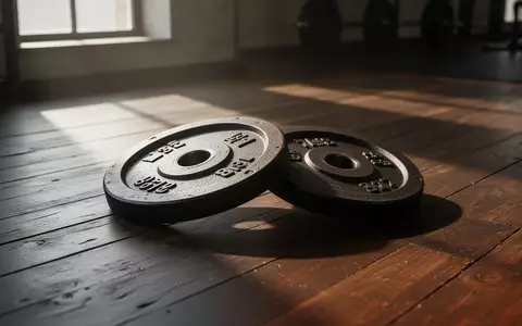 Schwere gusseiserne Gewichtsscheiben auf einem dunklen Holzboden in einem sonnendurchfluteten Fitnessraum. - Foto: über boerse-global.de