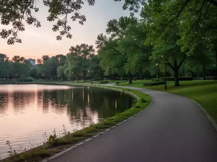 Ein ruhiger Parkweg entlang eines Sees bei Dämmerung, umgeben von Bäumen und Grünflächen. - Foto: über boerse-global.de