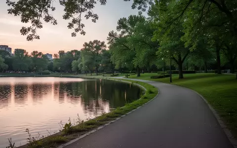 Ein ruhiger Parkweg entlang eines Sees bei Dämmerung, umgeben von Bäumen und Grünflächen. - Foto: über boerse-global.de