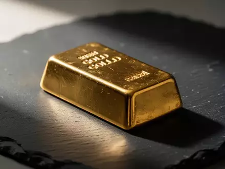 Ein einzelner Goldbarren auf einer dunklen, texturierten Schieferoberfläche bei natürlichem Seitenlicht. - Foto: über boerse-global.de