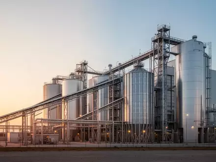 Moderne Zuckerfabrik bei Sonnenaufgang mit Stahlsilos und Industrieanlagen. - Foto: über boerse-global.de