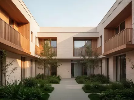 Moderner, heller Innenhof einer barrierefreien Wohnanlage mit begrünten Flächen und architektonisch klaren Fassaden. - Foto: über boerse-global.de