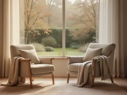 Ein ruhiger, sonnendurchfluteter Raum mit einem Sessel vor einem Fenster mit Blick in einen friedlichen Garten. - Foto: über boerse-global.de