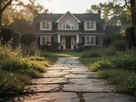 Ein ruhiger Garten mit einem Steinweg, der auf ein Wohnhaus im Hintergrund zuläuft. - Foto: über boerse-global.de